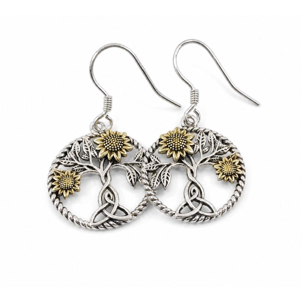 Sterling Silver 925 Sunflower Tree of Life Celtic Knot Dangle Earrings - Picture 2 of 5
